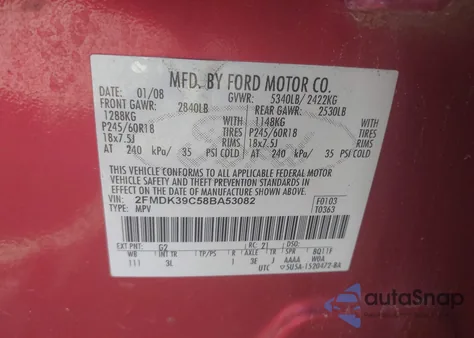 2008 Ford Edge Limited from USA, damaged, VIN 2FMDK39C58BA53082